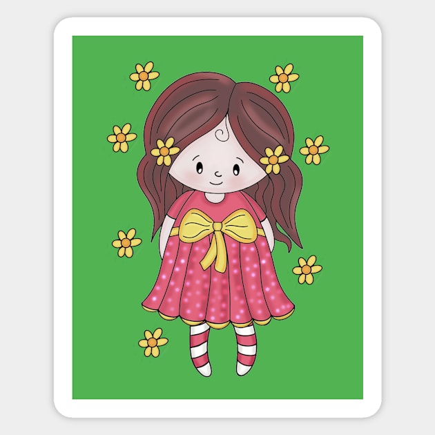 Cute little Bella girl with flowers red dress and yellow bow Sticker by Sophia Cute Enchanting doodle Art Diaries